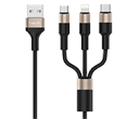 CABLE DE DATOS Y CARGA, CAPAC 2 AMPERIOS, CONECTORES: LIGHTNING, MICRO USB Y TICPO C, NEGRO DORADO, 1.2 METROS
